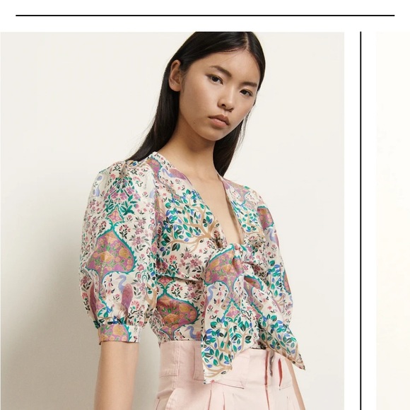 Sandro Floral Tie Top Printed Cropped Top In Linen And Silk - Picture 12 of 12